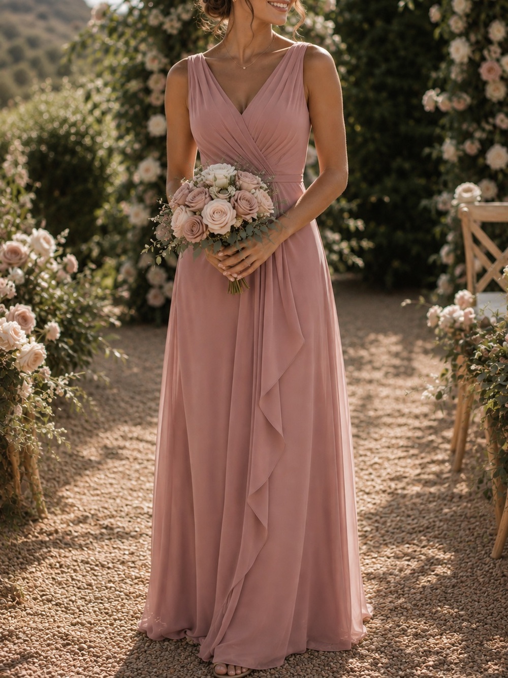 JJ’s House A-line V-Neck Asymmetrical Chiffon Bridesmaid Dress Dusty Rose Pink 8